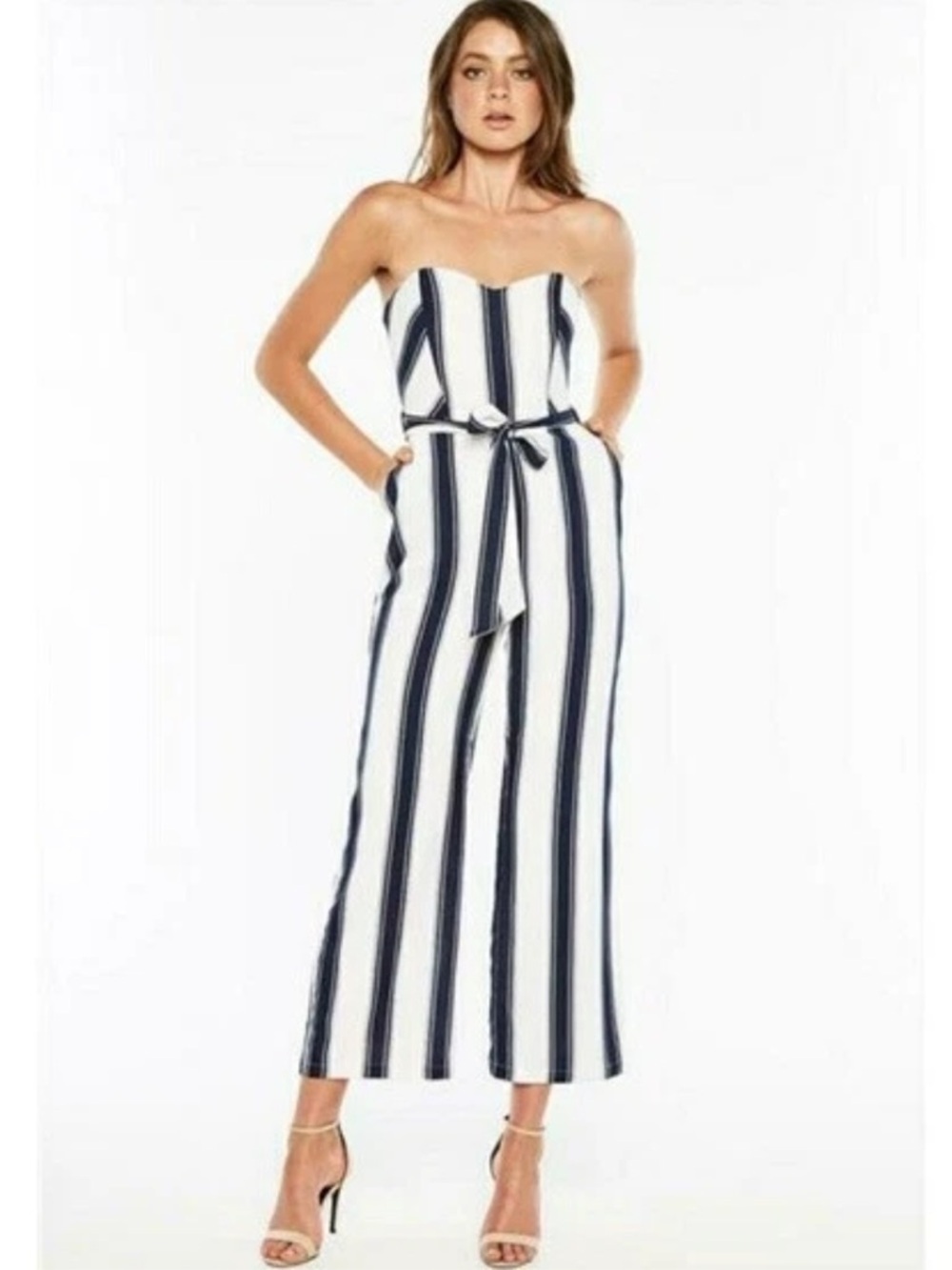Bardot Navy and White Striped Belted Strapless Jumpsuit 4